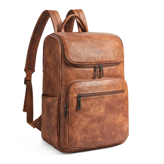 tiamyi leather travel backpack for men and women, flap top laptop backpack fits 17.0 inch computer with luggage strap and separate padded compartment, brown
