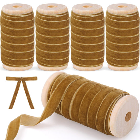 Chuangdi 4 Roll 30 Yards Christmas Velvet Ribbon Set 3/8 Inch Vintage Wooden Spool Fabric Trim Velvet Ribbon for Xmas Gift Wrapping Bow Wreath Decoration DIY Crafts Ornaments(Bronze)