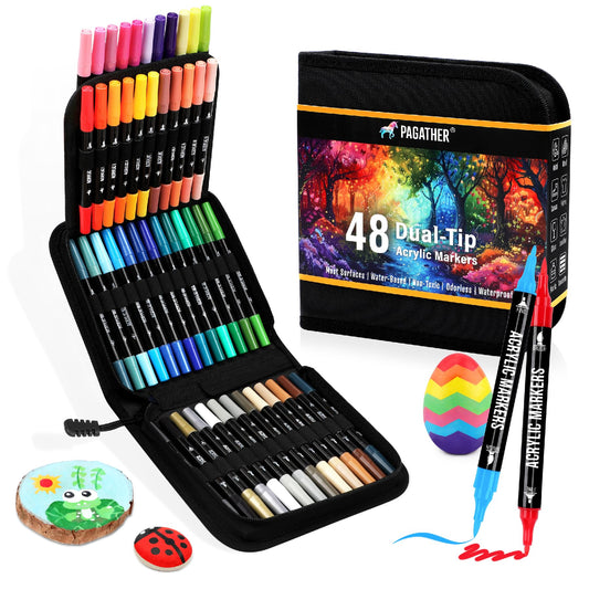 Pagather 48 Colors Acrylic Paint Markers, Dual Tip with Fine Tip and Brush Tip Pens for Stone, Wood, Calligraphy, Canvas, Ceramic, Metal, Glass, Rock Painting, DIY Crafts Art Supplies Kit