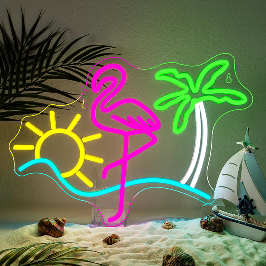 Flamingo Sun Palm Tree Neon Signs for Wall Decor Funny Dimmable LED Neon Light Sign USB Powered for Home Bar Cart Summer Beach Restaurant Man Cave Decor Beer Cafe Bistro Club Party