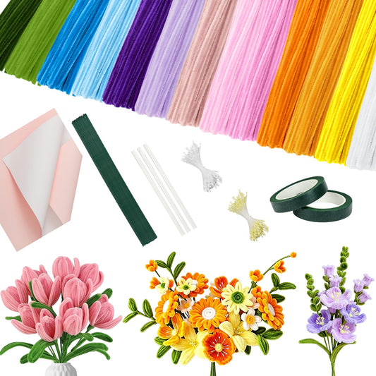 SPRFAIRY 760PCS Pipe Cleaners Craft Colorful DIY Pipe Cleaner Flower Kit 13 Colors Chenille Stems with Floral Wires Gardening Tape, Stamen, Floral Wrapping Paper for Art and Craft Supplies