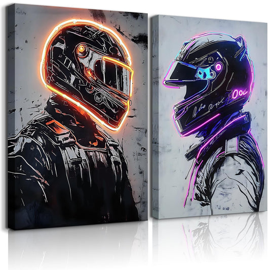 2 Pieces Neon Race Car Driver Canvas Wall Art Racing Helmet Wall Decor Boys Room Poster Prints Esports Room Paintings Pictures for Living Room Bedroom Ready to Hang (12x16in Canvas)