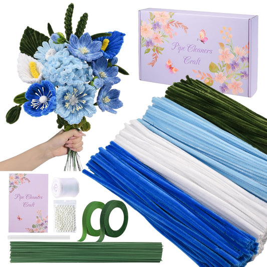 LansinLife 400 Pcs Pipe Cleaners Craft Set, 4 Assorted Blue Pipe Cleaners Bulk, Chenille Stems for DIY Flower Making Kit with Floral Stems, Gardening Tape, Pearl, Ribbon for DIY Bouquet Gift (Blue)