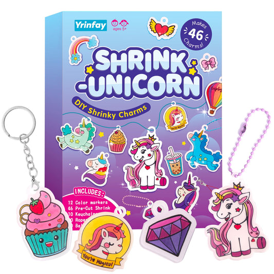 Yrinfay 89PC DIY Unicorn Shrinking Plastic Art Kit - 46 Pre-Cut Shapes, 12 Markers & Accessories - Make Charms, Keychains & Tags - No-Mess Craft for Kids - Birthday Gift with Shrinking Plastic Sheets