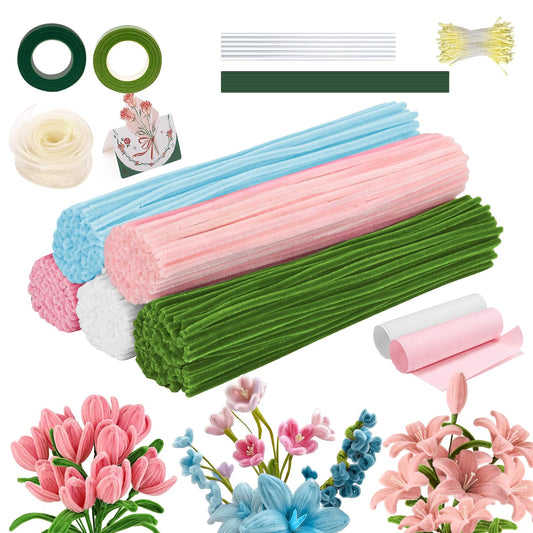 Qiorgar 680 PCS Pipe Cleaner Flower Crafts Kit – 5 Colors Bulk Pipe Cleaners for DIY Pink Flowers, All in One Chenille Stems Art and Craft Supplies for Gift