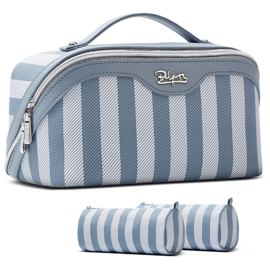 BOYATU Travel Makeup Bag Cosmetic Bag for Women: 3 Pcs Set Striped Make up Bag with Compartments - Waterproof Vegan Leather Toiletry Bags with Handle - Makeup Organizer for Travel Essentials(A-1-Blue)
