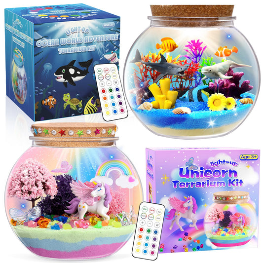 kiddgroo Unicorn&Ocean Light Up Terrarium Kit for Kids,Unicorn & Sea Animal Toys Birthday Gifts for Kids Ages 4-12 Year Old, DIY LED Night Light Craft Kit