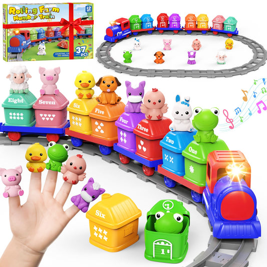 Cmiolacuna Train Set for Toddlers 2-4, Electric Toy Train with Farm Animals & Music & Lights, Montessori Counting & Sorting Learning Toys for 1 2 3 Year Old Boys Girls, Christmas Easter Birthday Gift