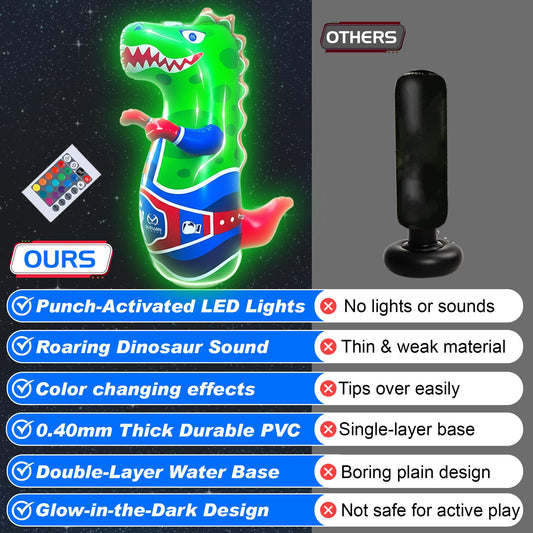 Marwan Sports Punch, Light & Roar Dinosaur Punching Bag – 47" Inflatable Bop Bag for Kids Ages 3-14 | Bounce-Back Toy with Lights & Roaring Sounds | Active Play Gift for Toddlers & Children