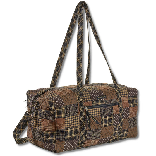 Bella Taylor Quilted Duffle Bag for Women, Large Carry On Travel Weekend Bag, Quilted Cotton Ironstone Black and Brown Patchwork