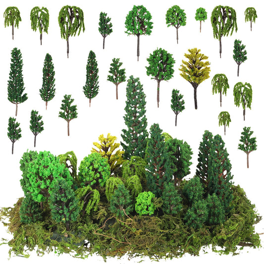 Tigeen 28 Pcs Model Trees Mixed Model with 1.4 Ounce Faux Green Moss Decor Tree Train Scenery Architecture for DIY Crafts, Building, Scenery Landscape(Natural Green)