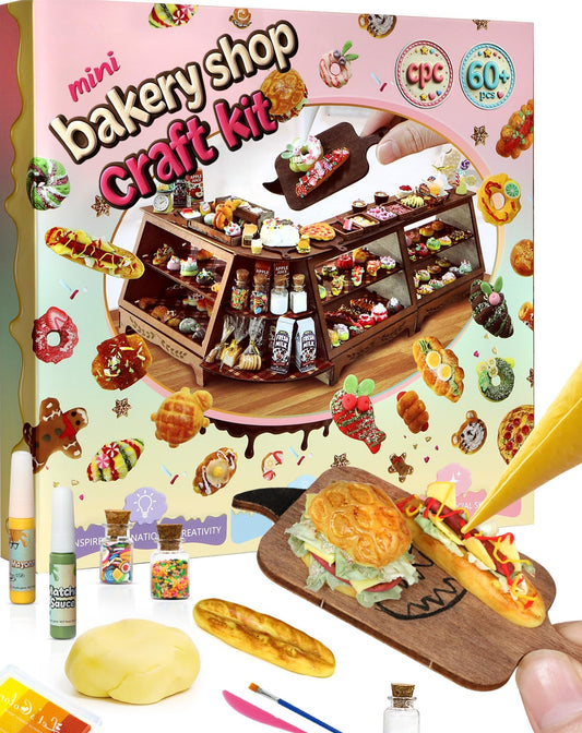 iLAND Fun Craft Kits for Kids Cute Clay Bakery Shop DIY Set, Creative Kids Toys Girls 6-8-10, 1:6 Scale Miniature Food Toys fit Doll Figure 9-12”, New Best Christmas Birthday Gift for Girls Age 7 9 11