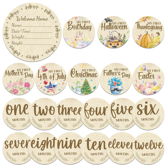 Threetols 11PCS Wooden Baby Monthly Milestone Cards Sign, Double Sided Newborn Photography Prop Pregnancy Journey Baby