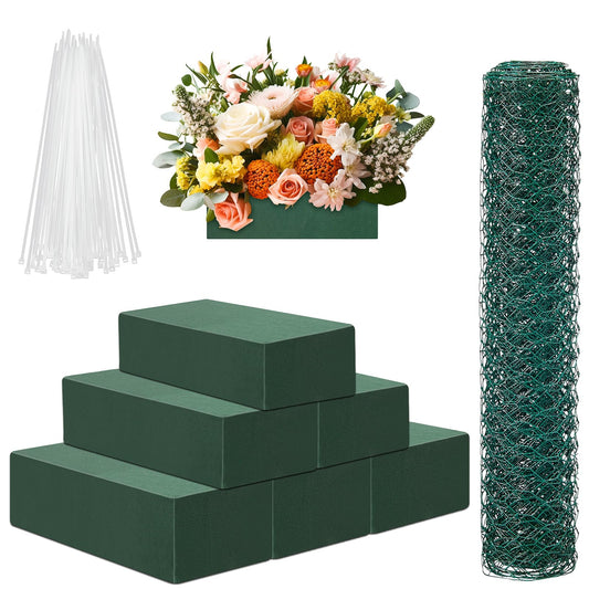 Jingmore 6 Pack Dry and Wet Floral Foam Blocks (7.8” L x 3.5” W x 2.4” H) and Chicken Wire for Flower Arrangements, 17.7 x 157 Inch Green Mesh for Wedding Birthday Decoration Garden Crafts
