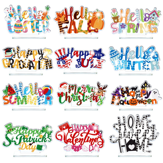 YooNotee 12 Sets Interchangeable Seasonal Diamond Art Tabletop Decorations Holiday Diamond Art Painting Kit with 12 Acrylic Base for Table Tiered Tray Decor Craft Graduation Centerpiece (Word)