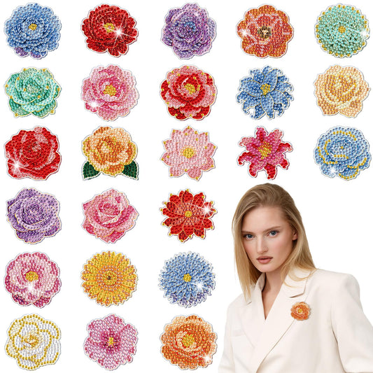 Kenning 24 Pcs Spring Flowers Diamond Painting Brooch Bulk Diamond Art Pins Kits for Adults 5d Rhinestones Floral Lapel Brooch for Beginner DIY Crafts Wedding Jewelry Spring Party Gifts