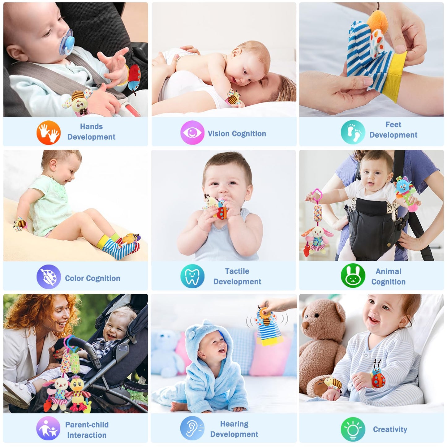 Baby Rattles & Socks - Wrist & Ankle Rattle Toys, Hanging Rattle, Activity Gift for Infants (12 B)