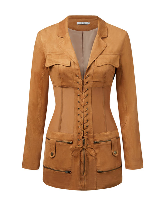 JW PEI Women's Faux Suede Corset Jacket Mini Dress - Camel