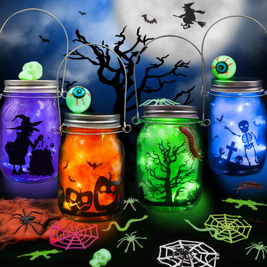 Shemira Halloween Craft Kit for Kids, 4 pcs Glass Mason Jar with Accessories for DIY Lantern Jar, Halloween Art & Craft Party Supplies, Art Activities