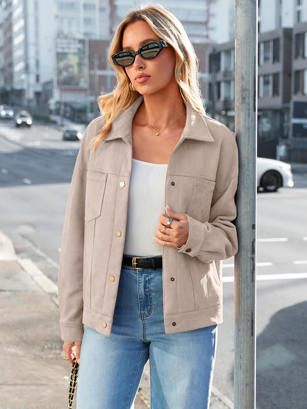 Womens Faux Suede Jacket Button Down Lightweight Fall Coats Beige L
