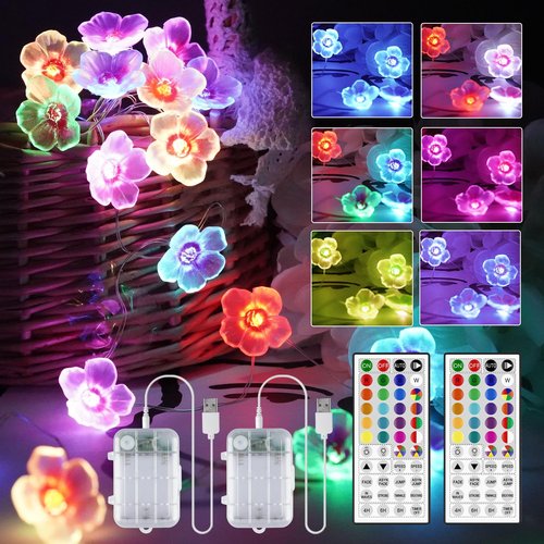 2 Pack Battery Operated String Lights Indoor, 13ft Cherry Blossom Bedroom Lights, Color Changing Flower Lights Decorative for Room Dressing Table Dorm Party Easter Girl Mom Gift Wedding Christmas