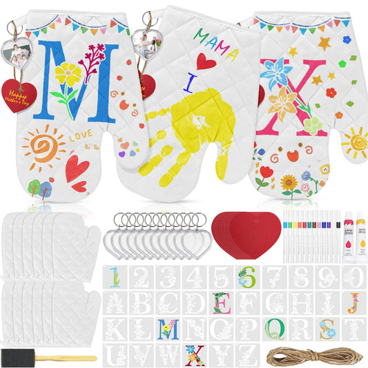 Cinrobiye 12 Set Oven Mitts Craft Kits Painting White Blank Kitchen Oven Gloves with Drawing Stencils for Kitchen Grilling BBQ Cooking Baking DIY Activities Teachers （5.5"X 12"）