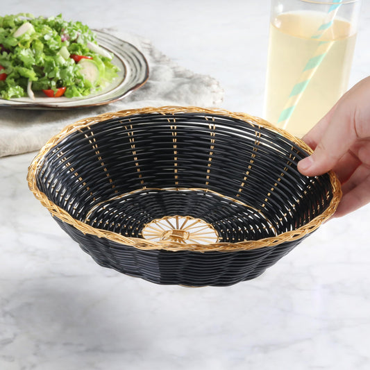 New Star Foodservice 44232 Polypropylene Round Hand Woven Food Basket (Set of 12), 8" x 2.5", Black with Golden Trim