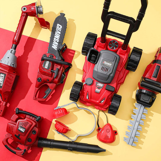 Arrowbash Kids Lawn Mower Toy Set 7 Pcs Electric Garden Tools with Leaf Blower, Chainsaw & Trimmer – Summer Outdoor Toys for Boys Girls Birthday Gifts