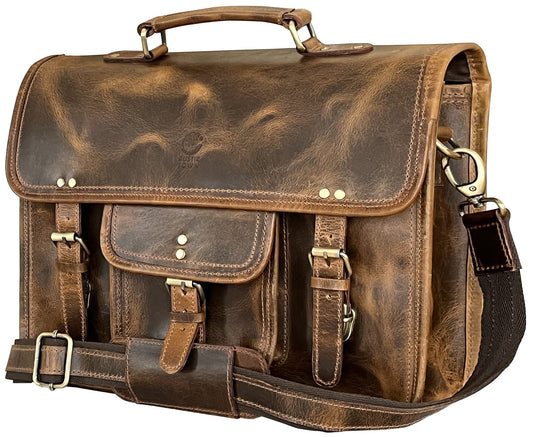 RUSTIC TOWN Leather Messenger Bag for Men - Full Grain Leather Briefcase Laptop Satchel Office Crossbody Travel Bag (16 Inch, Brown)