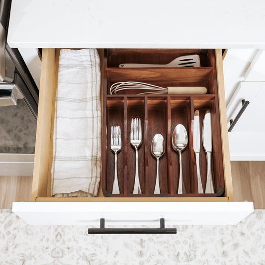 KitchenEdge Silverware Organizer - Cutlery, Flatware, and Utensil Holder for Kitchen Drawers, Fixed 10.5” Width, 7 Storage Compartments, Non-Slip Feet, Rounded Corners, Acacia Wood