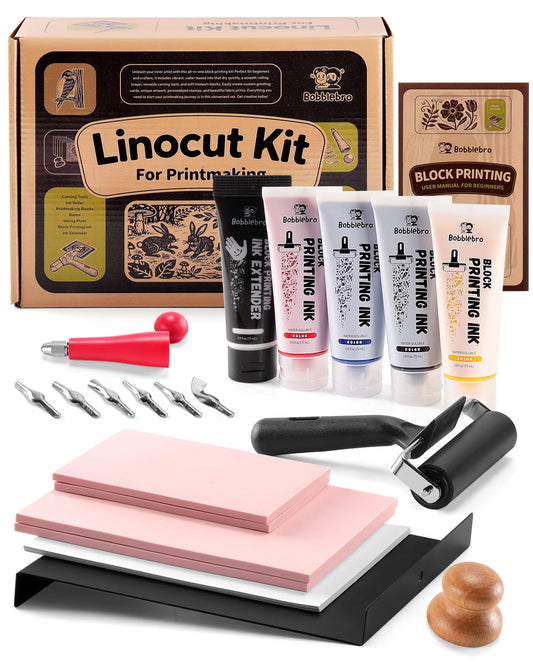 Bobblebro Linoleum Blocks for Printmaking, Stamp Making Carving Linocut Kit for Kids DIY Gift, Rubber Stamp Carving Screen Printing Kit with 4 Colors Block Printing Ink, Rubber Block, Linocut Tools