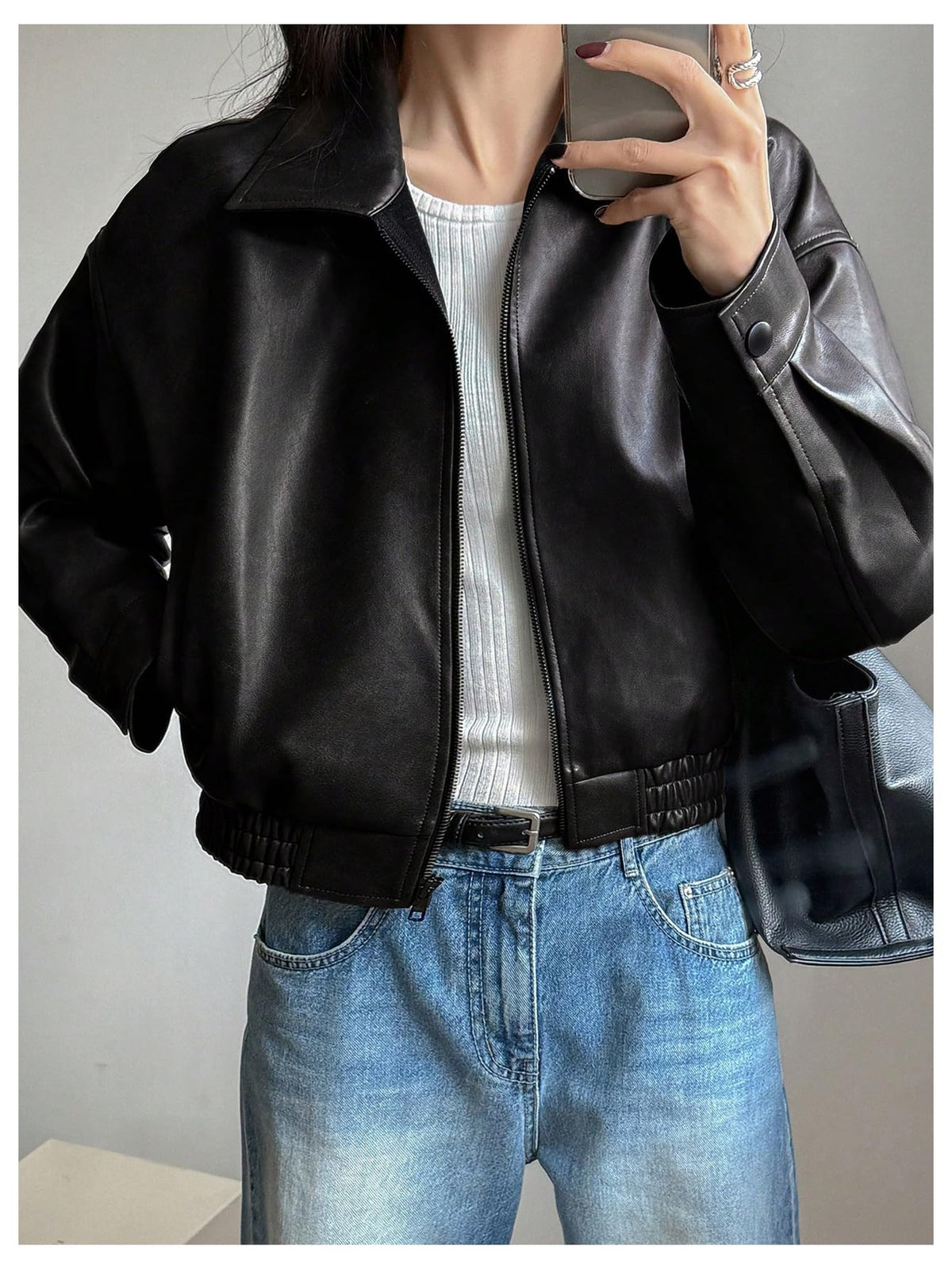 Milumia Women's Faux Leather Zip Up Jacket Vintage Collared Long Sleeve Motorcycle Jackets Black Medium