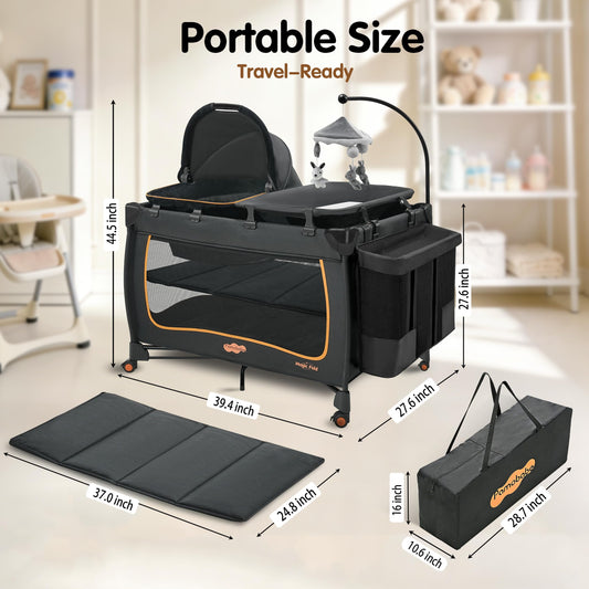 Pamo Babe 6 in 1 Baby Pack and Play with Bassinet - One-Step Setup Travel Crib, Small Portable Playpen for Babies, Portable Baby Bassinet, Changing Table, Toys Bar & Extra Large Storage Bag
