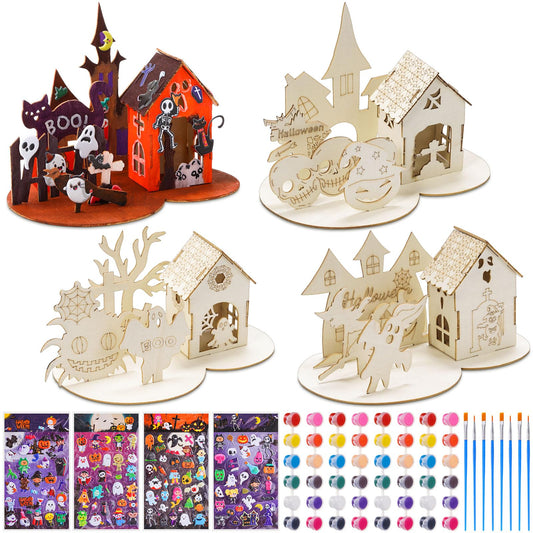 Poen 4 Set 3D Wooden Halloween Haunted House Crafts Kit DIY Wood Ghost House Puzzles Set with Paints Brushes Stickers for Halloween Home Table Decoration Party Gifts Supplies Indoor Decor