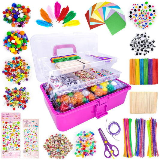 kortes Art and Craft Supplies for Kids, Toddler DIY Craft Art Supply Set Included Pipe Cleaners, Pom Poms, Feather, Folding Storage Box - All in One for Craft DIY Art Supplies, Rose Red