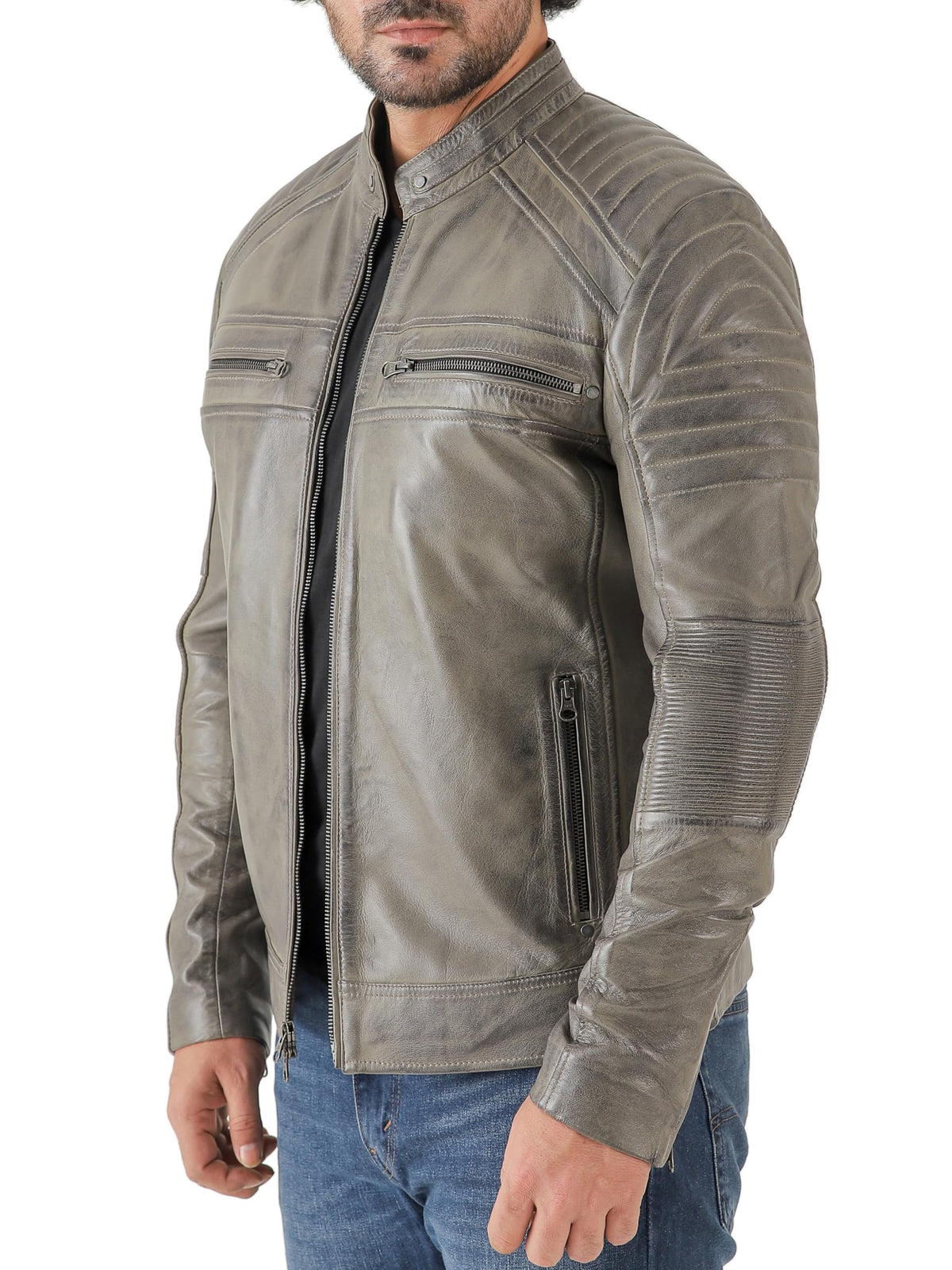 Jild Vintage Cafe Racer Leather Jacket Men - Hand Waxed Real Lambskin Leather Motorcycle Jacket (CRM-Grey-M)