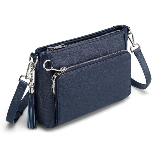 befen Genuine Leather Crossbody Bags for Women, RFID Blocking Leather Purse with Built in Wallet, Anti Theft Crossbody Bags for Women, Travel Purse with Removable and Adjustable Strap, Navy Blue
