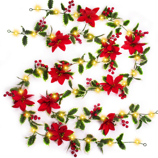 2pcs Christmas Garland with 20 LED Lights-6.5Ft Garland Christmas Decorations Indoor Multiple Mode Poinsettia Holly Per-Lit Christmas Garlands Battery Operated Garland for Mantel Stair Fireplace