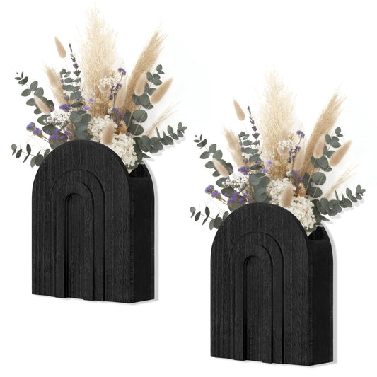 2 Pack Black Wooden Wall Vase for Pampas Grass & Dried Flowers, Modern Minimalist Decor for Living Room Bedroom, Hanging Wall Plant