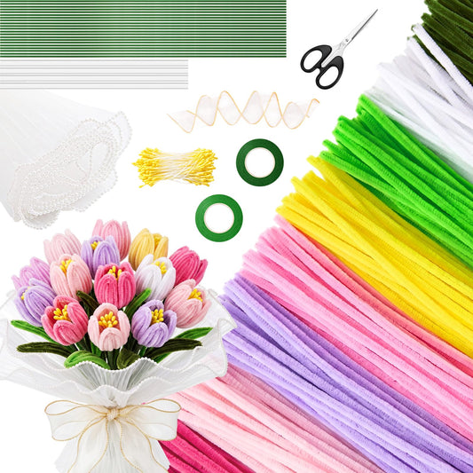 Chicplaid 800 Pcs Pipe Cleaners Craft, Tulip Pipe Cleaners Flowers Kit, 8 Colors Chenille Stems with Floral Wires, Gardening Tape, Stamen, Floral Wrapping Paper & Ribbon for Wedding DIY Craft