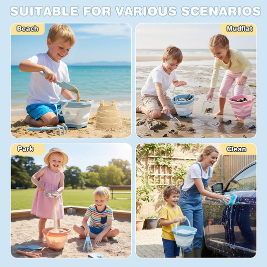 Beach Sand Toys Mesh Shovel Set for Kids, 3 Pack Collapsible Sand Buckets and Filter Sand Scooper with Mesh Bag for Shell Collecting, Shark Tooth Sifter Dipper Sandbox Toys for Toddlers Boys Girls