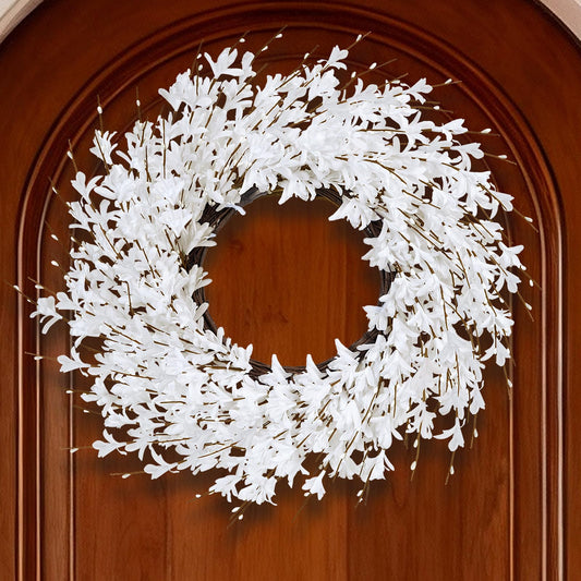 GTIDEA 24" Spring Wreath Forsythia Wreath for Front Door, Artificial White Forsythia Flower Wreath on Grapevine for Home Indoor Outdoor Wall Window Garden Porch Farmhouse Spring Decor