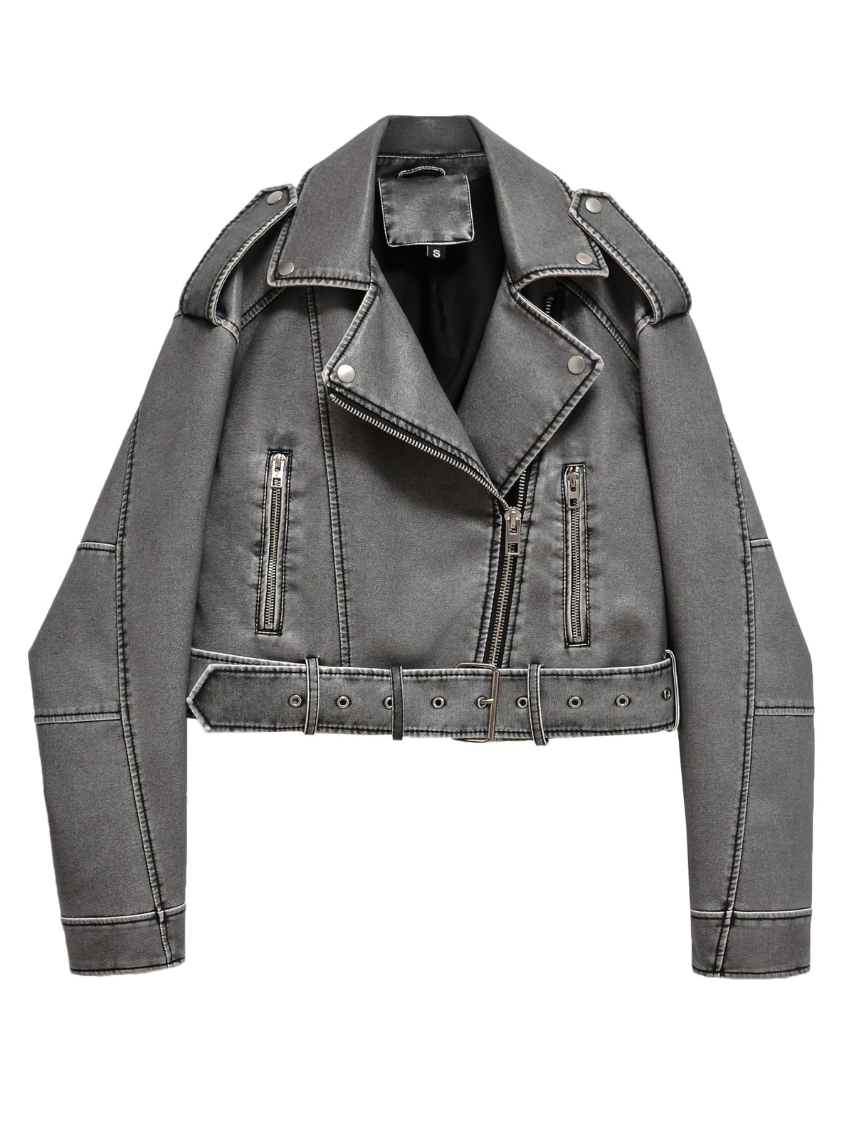 LY VAREY LIN Women Faux Leather Cropped Jacket Lapel Zipper Biker Short Coat with Belt