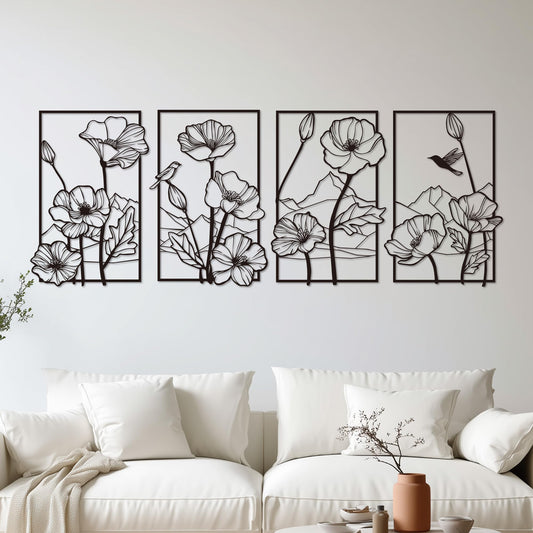 deeinglif Black Metal Wall Art Set of 4, 3D Metal Wall Decor for Living Room Bedroom Bathroom, Abstract Floral Mountain Nature Wall Sculptures, Modern Minimalist Iron Wall Art, 12 x 17 Inch
