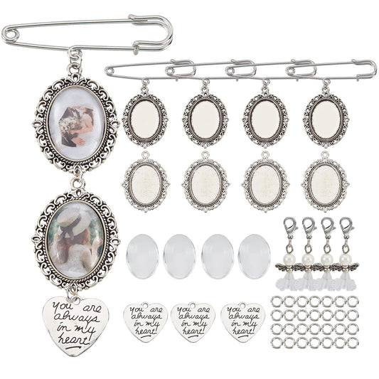 SUNNYCLUE 1 Box 100Pcs DIY 10 Sets Wedding Bouquet Photo Charms Making Kit Bridal Boutonniere Photo Charm Safety Pin Memory Brooch Lobster Claw Angel Pendants Trays and Domes Cabochon Setting Crafting