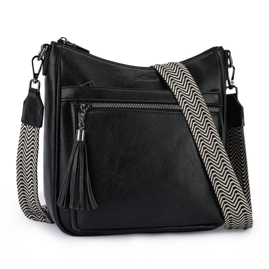 MEITRUE Crossbody Bags for Women Trendy,Vegan Leather Medium Hobo Purse with Tassel Lightweight Shoulder Handbags Multi Pockets Travel Purses Adjustable Strap Black