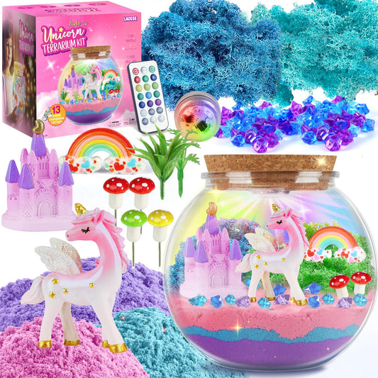 LAOESE Unicorn Light-Up Terrarium Kit for Kids – LED Night Light DIY Arts and Crafts Kit, Unicorn Toys for Girls Ages 4 5 6 7 8-12 – Birthday Gifts for Girls
