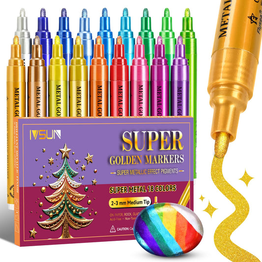 IVSUN Super Golden Metallic Markers, 18 Colors Glitter Acrylic Paint Pens for Black Paper, Rock, Glass, Wood, Scrapbooking, Photo Albums, Card Making, DIY Crafts Supplies, Easter Basket Stuffers