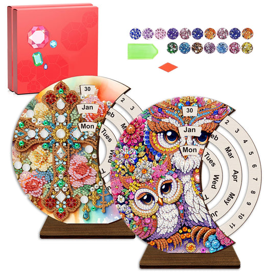 CharySim Diamond Art Calendar Kits for Adults Diamond Gem Art Kit Paint By Dots Kits Rhinestone Craft Kit for Women Birthday Gift DIY Bedazzling Art Desktop Stand (Owl&Cross 2)
