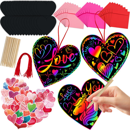 JMUQ 44Pack Valentine's Day Scratch Art Set, Heart-Shaped Rainbow Scratch Cards, Envelopes, Heart Stickers, Perfect Craft Kit for Classroom School Exchange Prizes Party Favors Creative Gifts